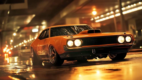 Midnight muscle car prowls through neon-soaked city rain.