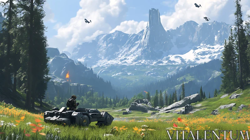 Armored vehicle surveys alpine valley under distant ring tower