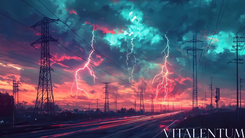 Electric storm ignites twilight highway under power lines