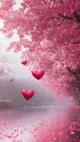 Pink Blossom Tree with Floating Hearts.