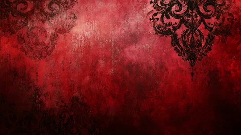 Red textured background with dark ornamental corner motifs.