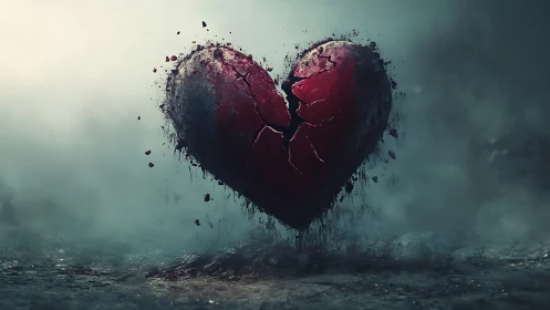 Shattered crimson heart hovering in stormy dreamlike gloom.