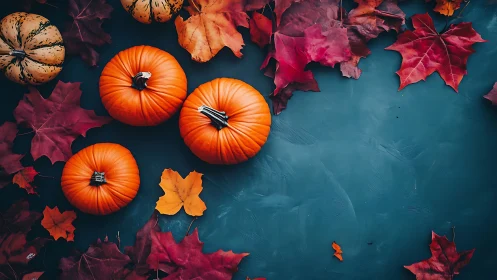 Autumn pumpkins on teal backdrop with scattered maple foliage.