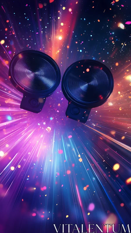 Neon stage speakers in radial light burst digital composition.