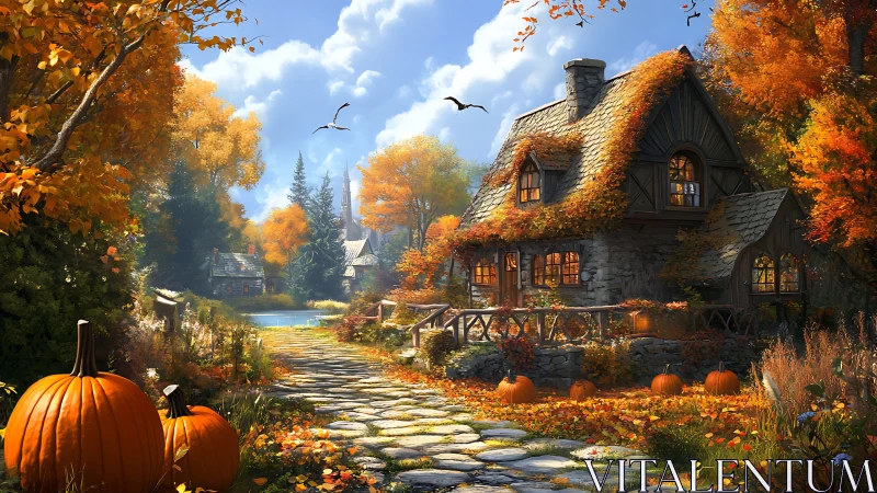 Autumn stone cottage under warm directional light with pumpkins
