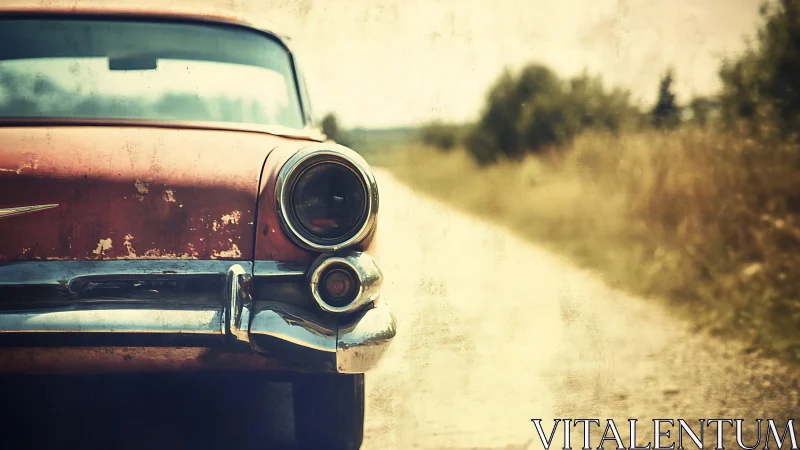 Weathered classic car front is photographed on rural road