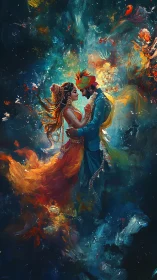 Two Figures in Ornamental Dress Surrounded by Fluid Abstraction.