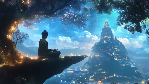 Meditating Buddha Silhouette Overlooking Luminous Mountain Temple.