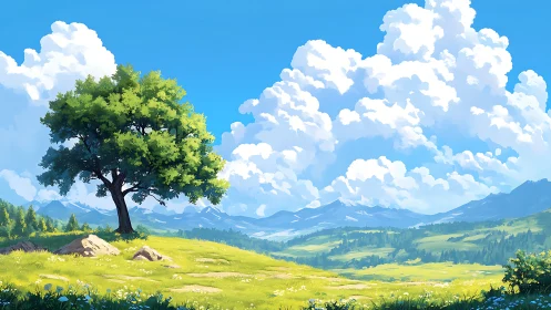 Single oak on alpine meadow under cumulus cloud architecture.