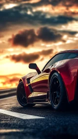 Red sports car on highway at sunset with reflective bodywork.