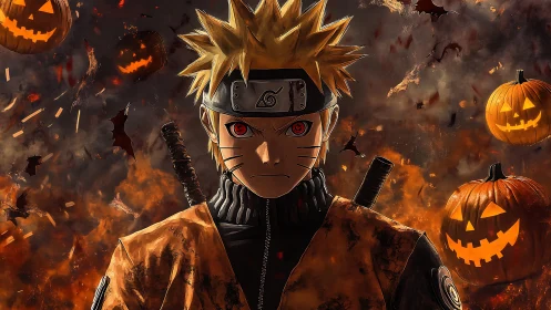 Haunted ninja warrior stands bold amid swirling pumpkins.