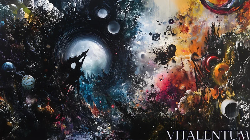 Cosmic nebula clash with fractured planets and energy storms.