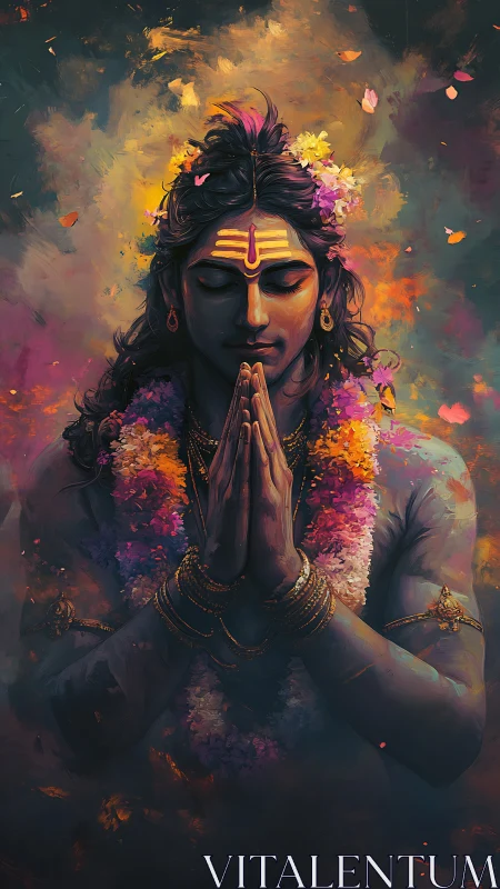Digital depiction of Hindu deity in folded-hand pose.