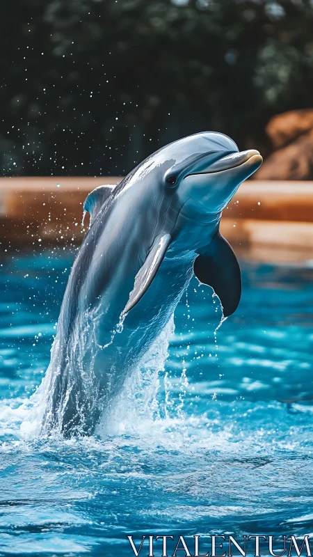 Bottlenose dolphin arcs through turquoise pool spray.