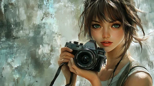 Digital portrait of young woman with vintage SLR camera front