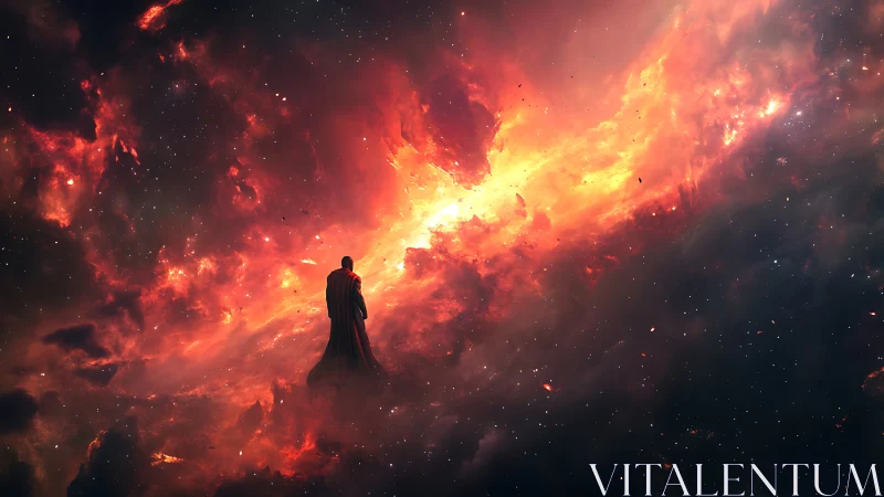 Solitary cloaked figure silhouetted against erupting cosmic nebula
