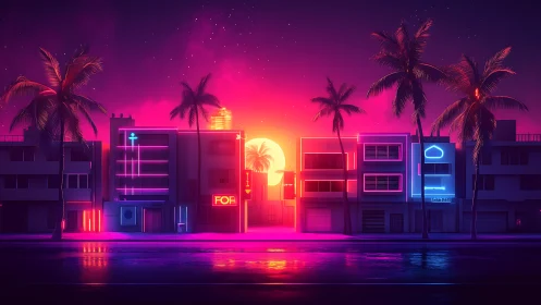 Neon sunset city street glows with dreamy palm silhouettes