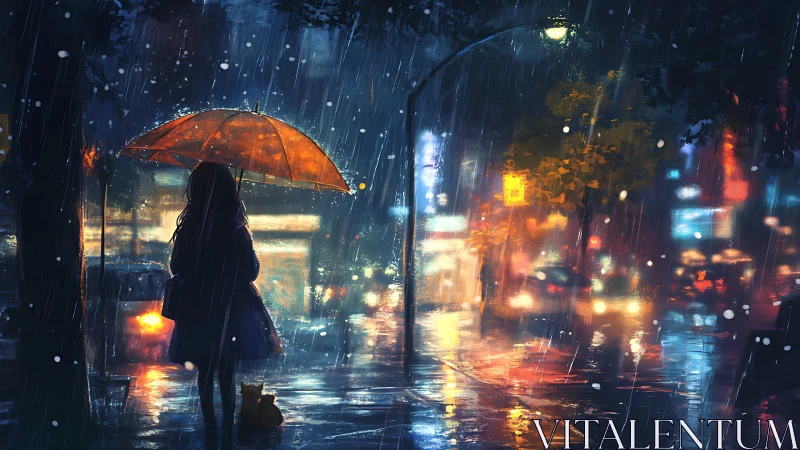 Girl with orange umbrella in a glowing rainy city night.