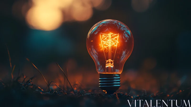 Glowing vintage lightbulb resting in dusk grass field.