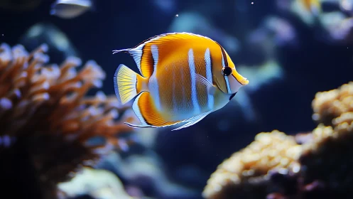 Orange and white tropical reef fish in marine aquarium.