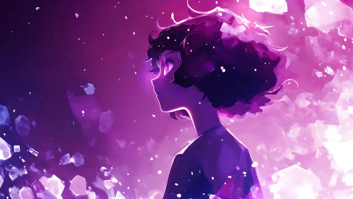 Neon-lit anime profile amid crystalline magenta fragments.