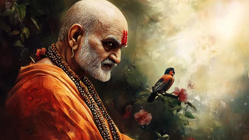 Elderly monk contemplates songbird in luminous digital painting