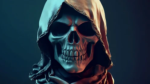Hooded skull character bathed in bold cinematic lighting.