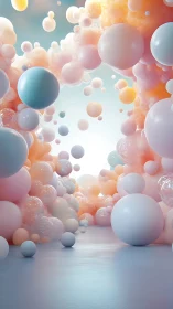 Soft pastel spheres drifting through a dreamlike corridor.