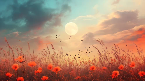Moonlit poppy meadow hums beneath a melting candy sky