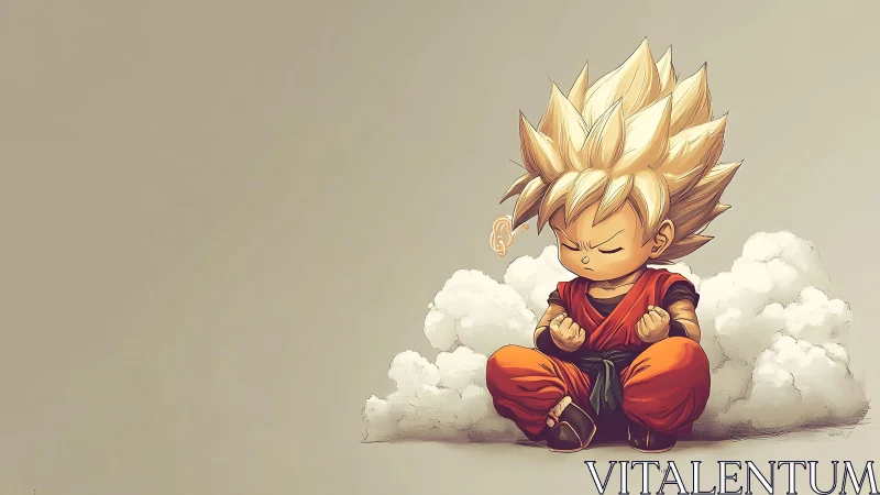 Chibi martial artist in focused meditation amid stylized energy clouds