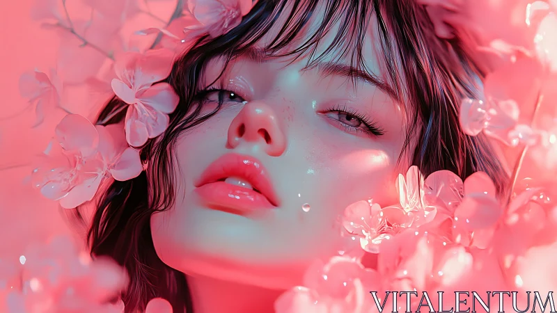 Dreamy neon muse adrift in soft electric blossoms.