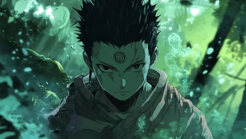 Cursed warrior stands in eerie green forest mist