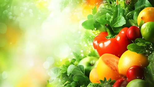 Fresh mixed fruits and vegetables arranged against soft bokeh
