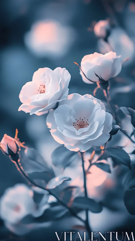 Luminous garden roses bathed in soft pink-blue chiaroscuro.