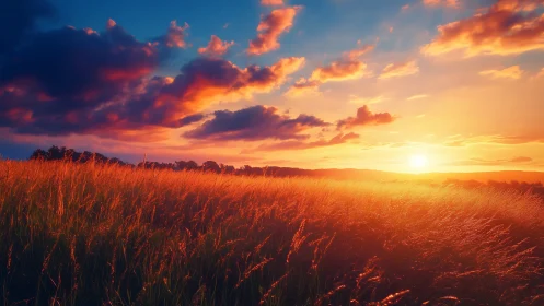 High-saturation sunset over wind-swept grassland with strong rim lighting