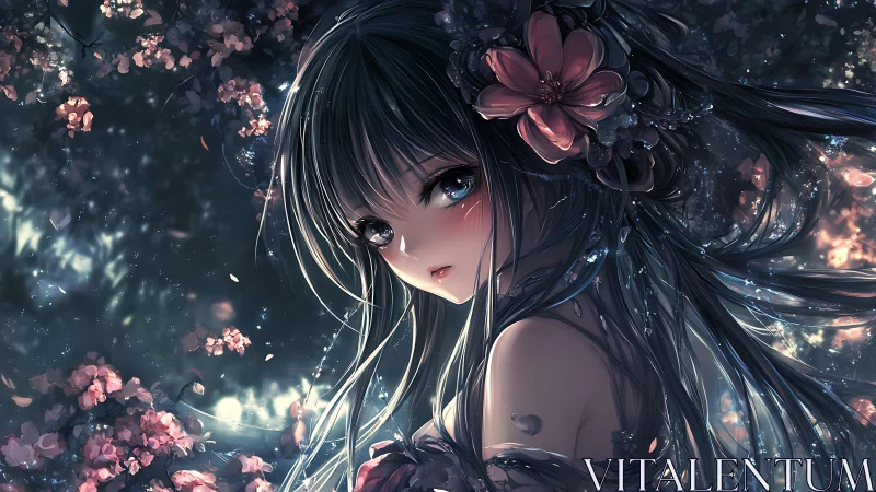 Nocturnal floral portrait with luminescent anime rendering.