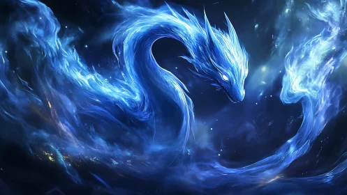 Celestial blue dragon coils through luminous cosmic mist.