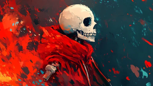Fiery robed skeleton emerging from swirling abstract void.