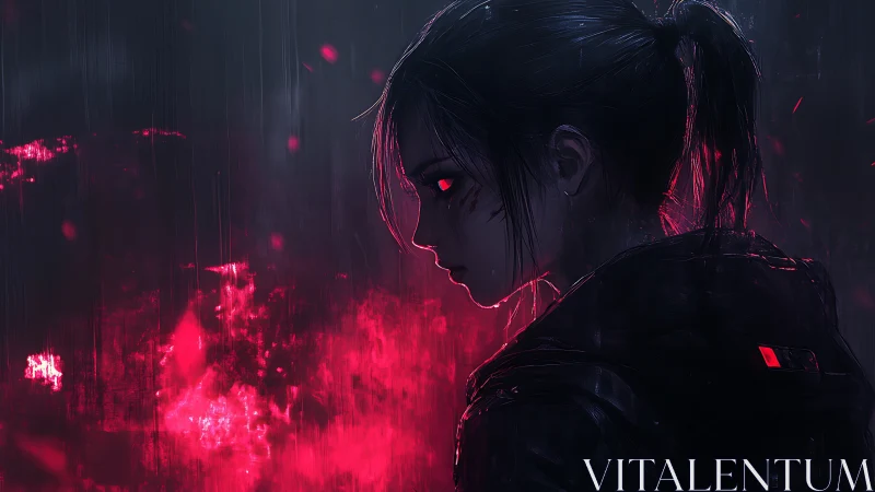 Lone cyberpunk girl glows with quiet power in neon rain