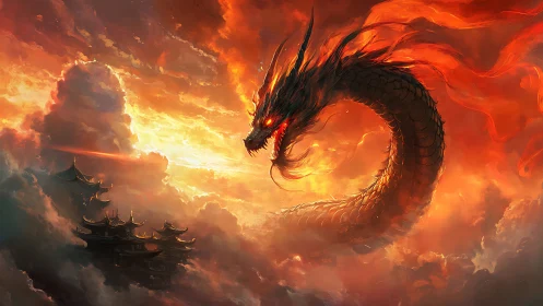Fire dragon coils above storm-lit temples at blazing sunset