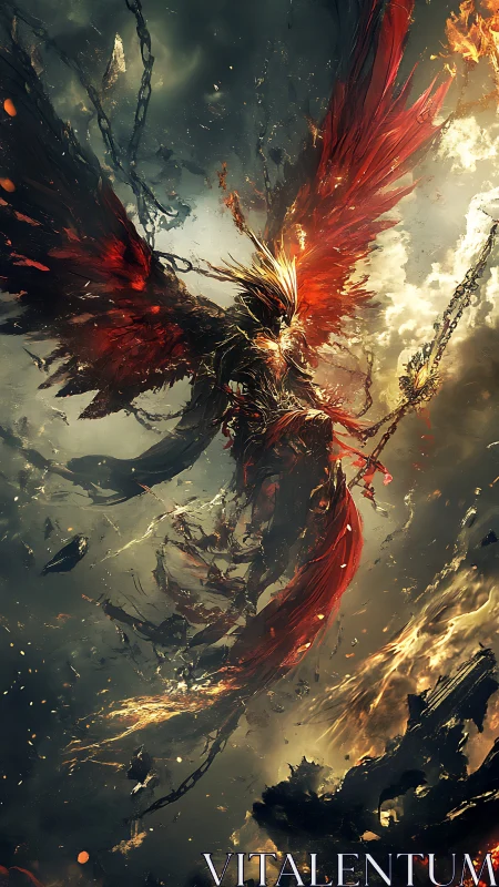 Winged infernal warrior in midair battle amid burning ruins