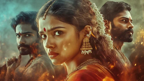 Triangular standoff of smoldering gazes in ember-kissed air.