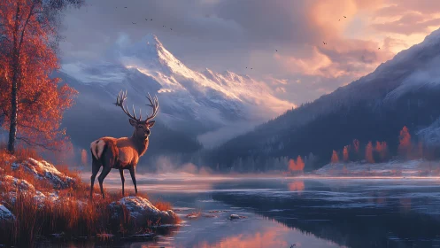 Stag standing by frozen lake under snowy mountain sunrise.