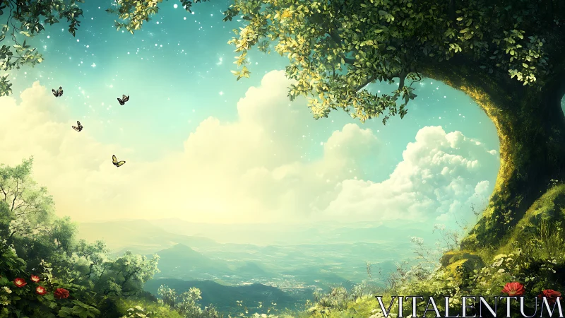 Luminous hillside oak overlooking sunlit valley atmosphere