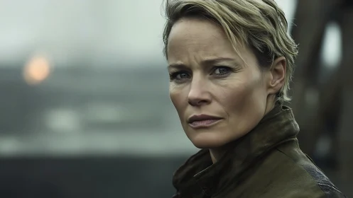 Close portrait of short-haired person in muted outdoor setting.