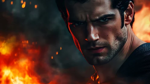 Intense superhero portrait in cinematic firelit close-up.