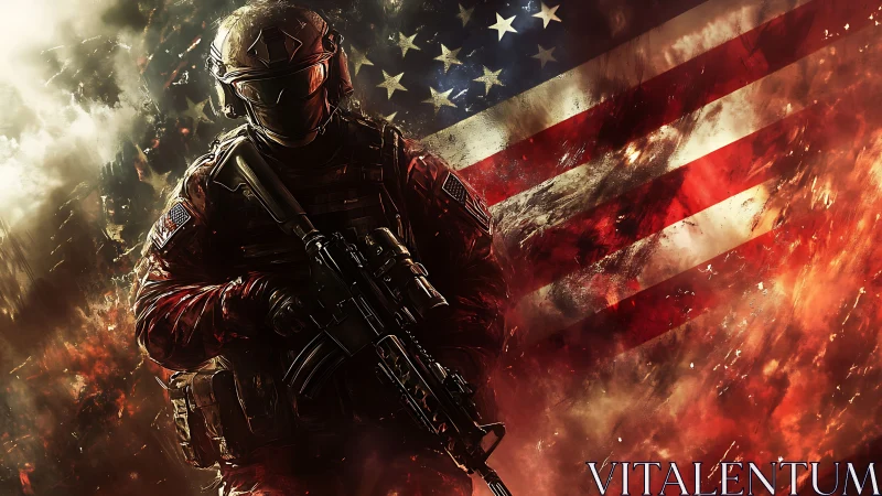 Armored infantry silhouette with rifle against distressed flag backdrop.