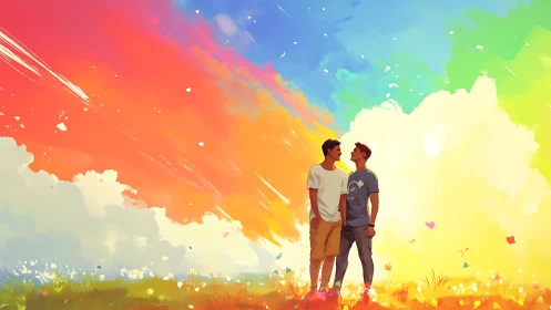 Two men standing in colorful gradient sky landscape