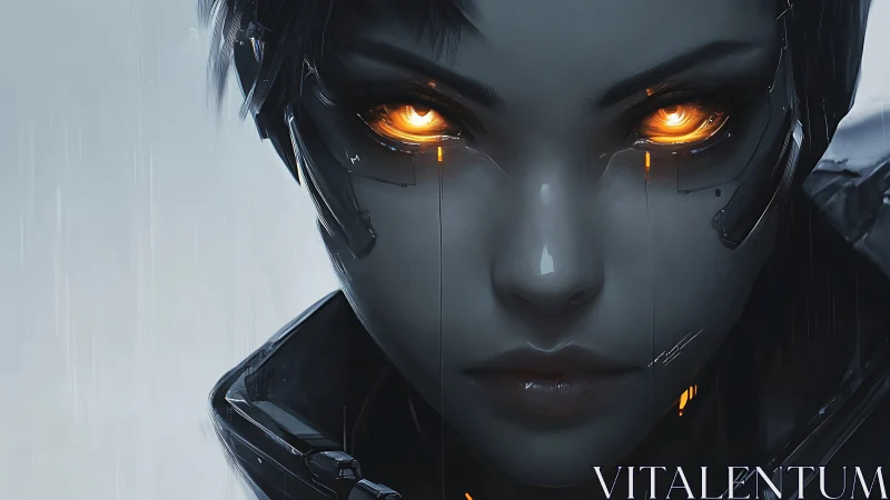 Cybernetic gaze of neon-eyed android under cold rain.