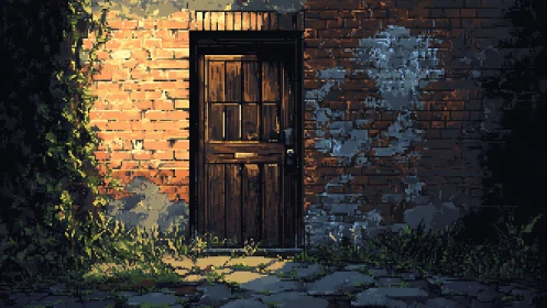 Sunlit wooden door hiding secrets in ivy-brick shadowed wall.